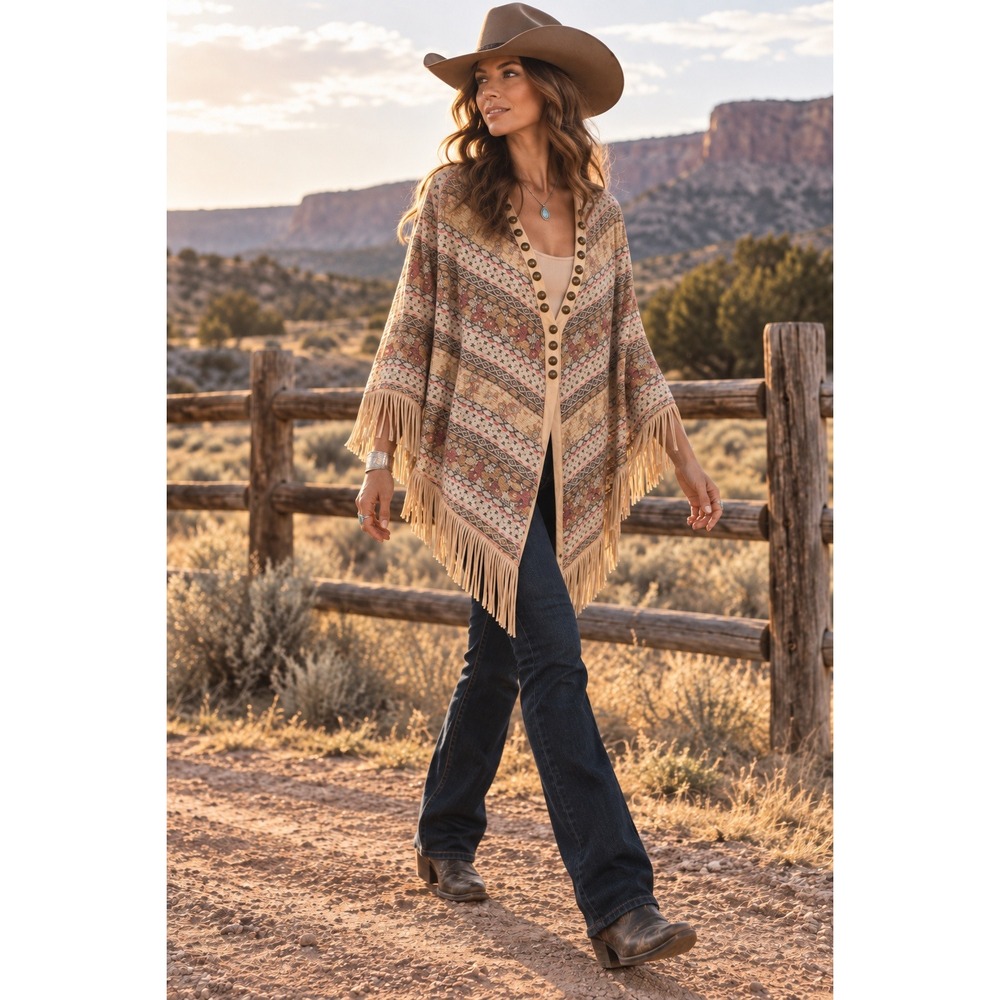 Double D Ranch Poncho Tan Southwestern Paisley Fringe Studded Shawl Women L XL